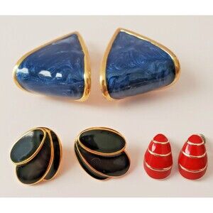 Vintage Earrings Lot 4 Pair Enamel Stud Dangle Goldtone Red Black Blue Retro 90s